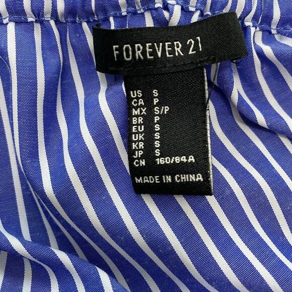 Forever 21 Blue Stripe Floral Embroidery Off the Shoulder Blouse Size Small - Picture 3 of 6